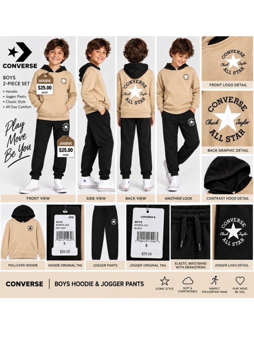 Converse Boys Hoodie Jogger 2 Piece Outfit Set Black Tan Size Small S NWT